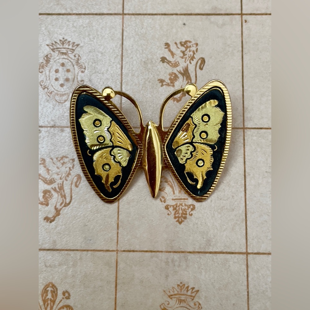 Vintage Gold and Black Butterfly Pin